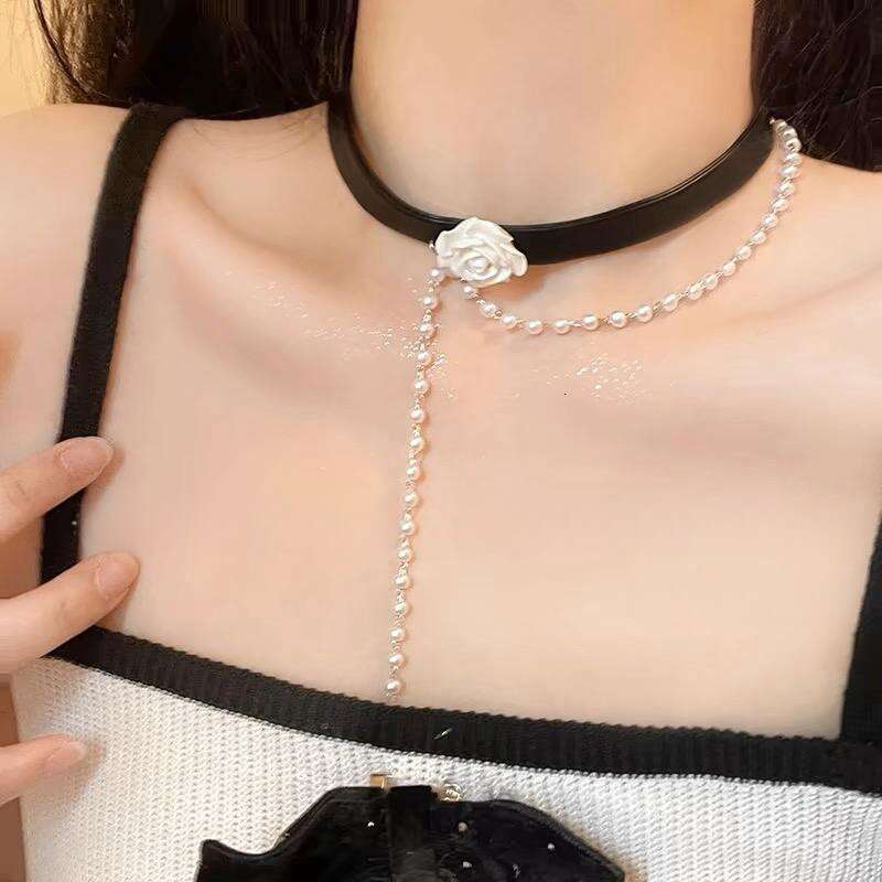 Rose flower pearl choker black collarbone fashion high-end chain neckband neck necklace accessory for women