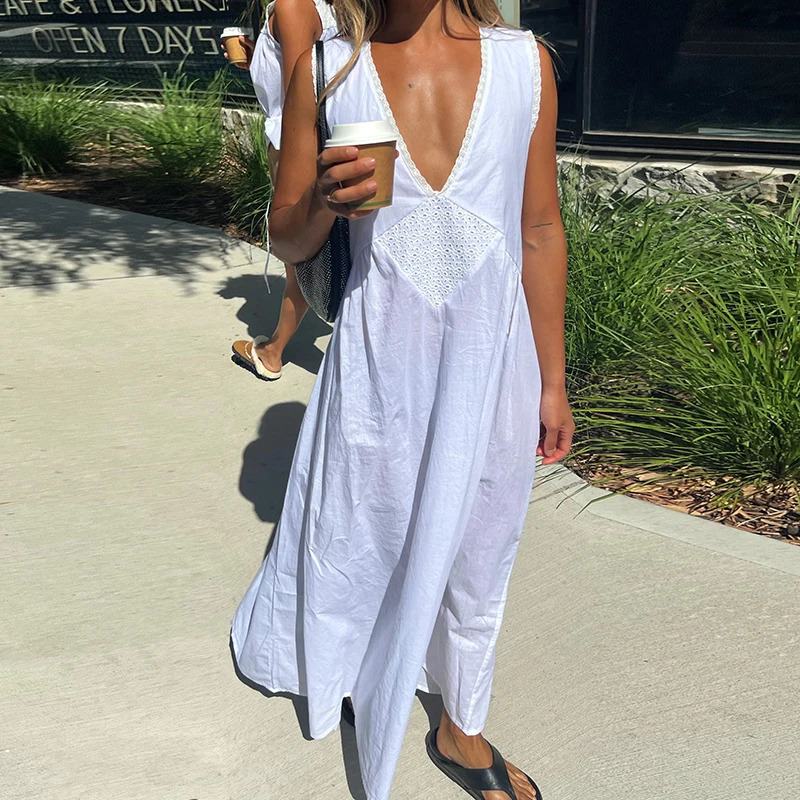 Women Lace V Neck Maxi Dress Boho Flowy Long Dress Summer Loose Sundress Vintage Y2K Aesthetic Going Out Beach A Line Dresses 260306