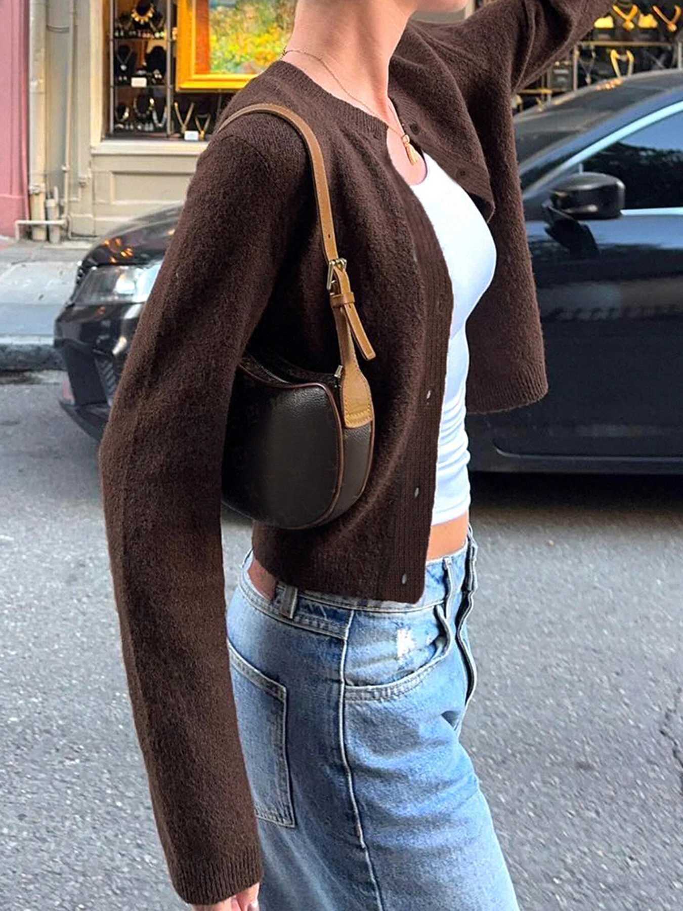 SUCHCUTE Sweater Cardigan Women Single Breasted Long Sleeve Elegant Vintage Jumper Solid Wool Knitted Autumn Winter Outwear Back M260306