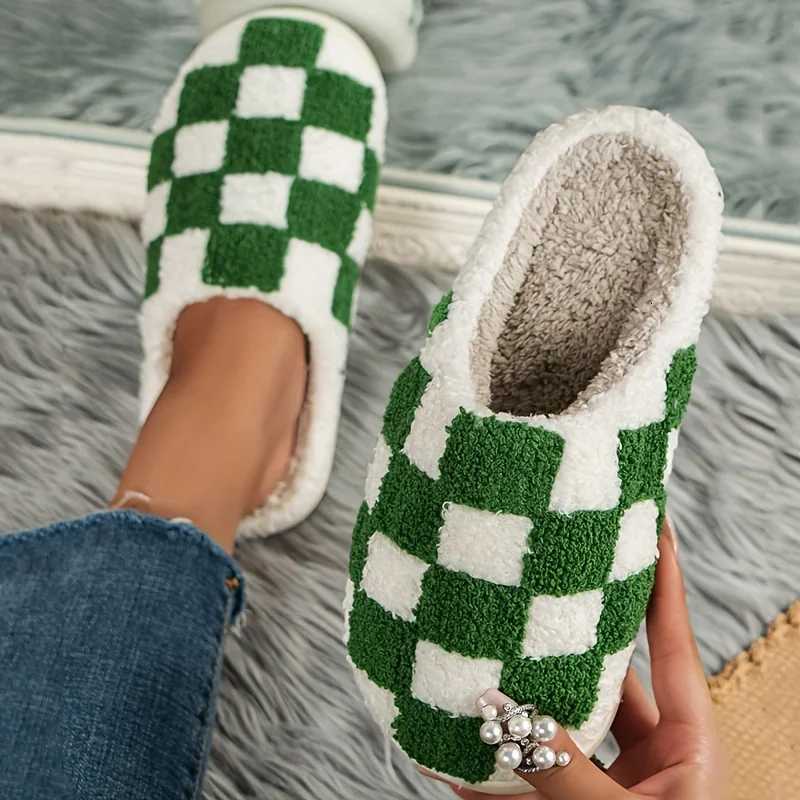 Checkerboard Pattern Slippers Casual Slip On Plush Lined Shoes Comfortable Indoor Home SlippersLadies Cotton Indoor Outdoo S260305