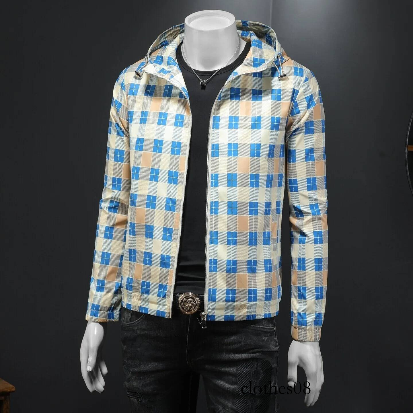 Faionable Plaid Hooded Jaet Spring Autumn High End Men's Outerwear Polyester Fiber Long Sve Zipper Closure