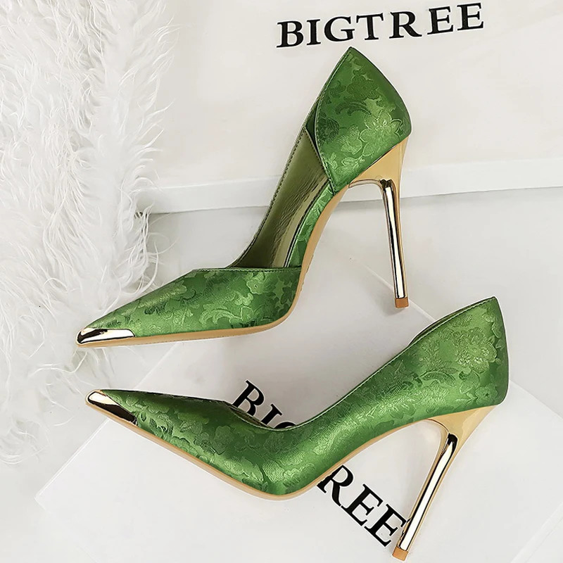 BIGTREE Shoes Women 11 Cm Heels Silks Satins Woman Pumps Metal Pointed Toe High Heels Fashion Female Pumps Sexy Party Shoes 260306