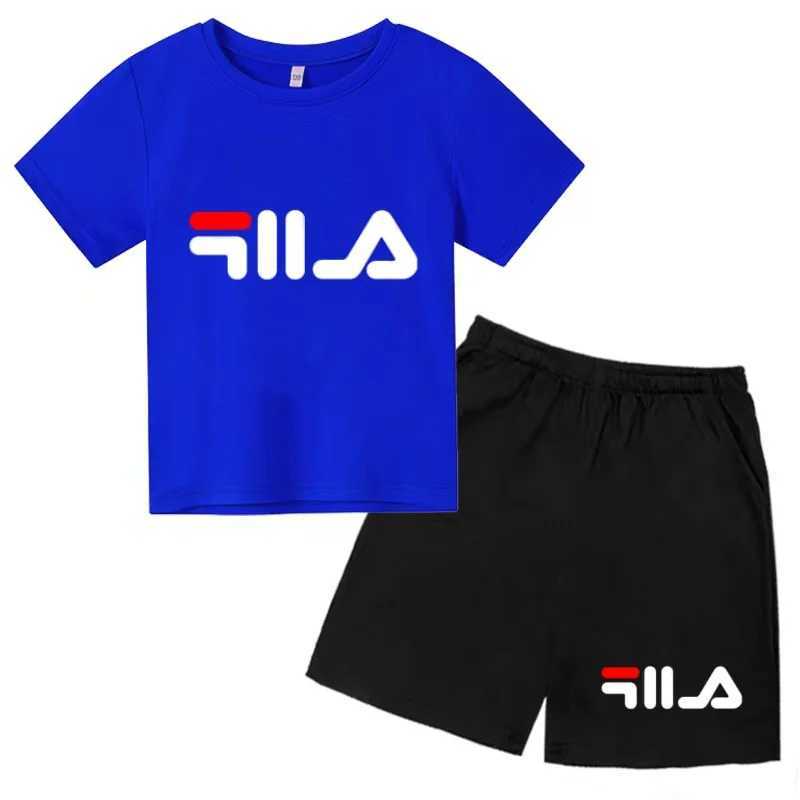 Kids Casual Set 2Pcs, Brand Print T-Shirt & Shorts Set, Boys & Girls Cool Summer Sports Outfits for 3-12YT260306