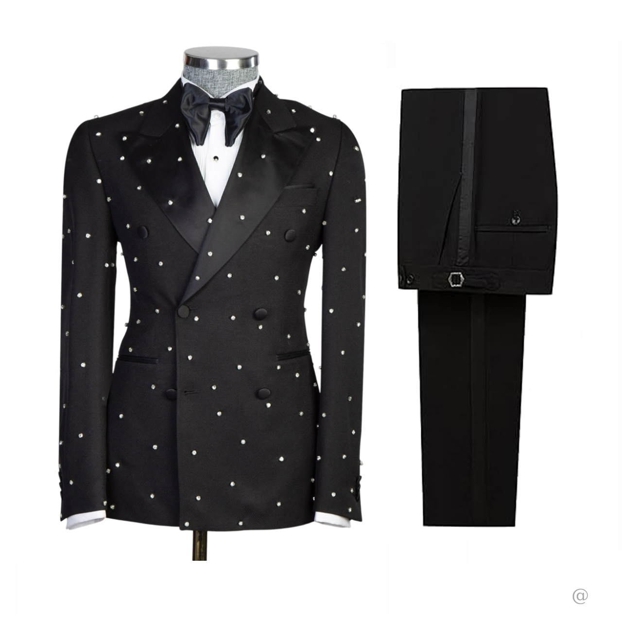 Modern Men Suits Crystal Peaked Lapel 2 Pieces Tailor-Made Rhinestone Jacket Blazer Double Breasted Groom Party Customized Coat Pants Plus Size