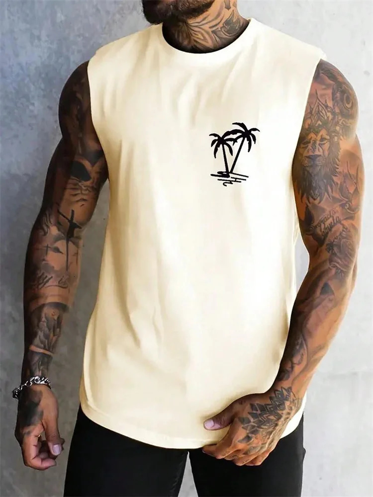 Summer Casual Style Mens Vest Coconut Tree Solid Color Sleeveless Fitness Top Mens Fashion Outdoor Fitness Vest Clothing 260306