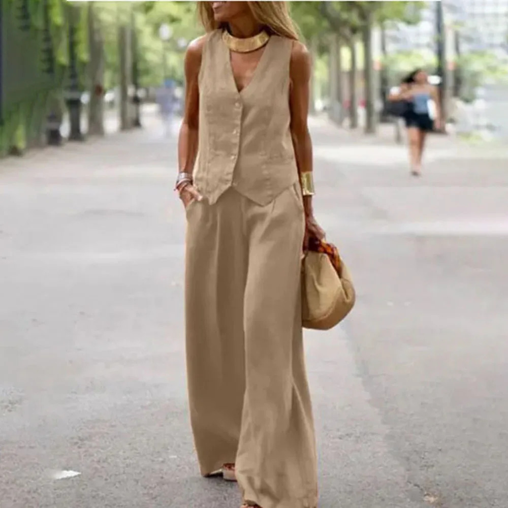 Casual Tank And Wide Leg Pant Sets 2 Piece Sets Women Outfit Summer Elegant Solid Cotton Linen Tops Trousers Suit Femme 5XL 260305