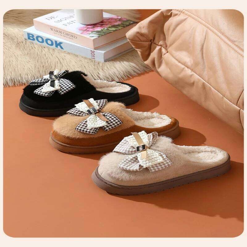 2025 Winter New Thick Bottom Indoor Outdoor Warm and Comfortable Slippers with Grid Tie Design Fashionable Cotton Shoes