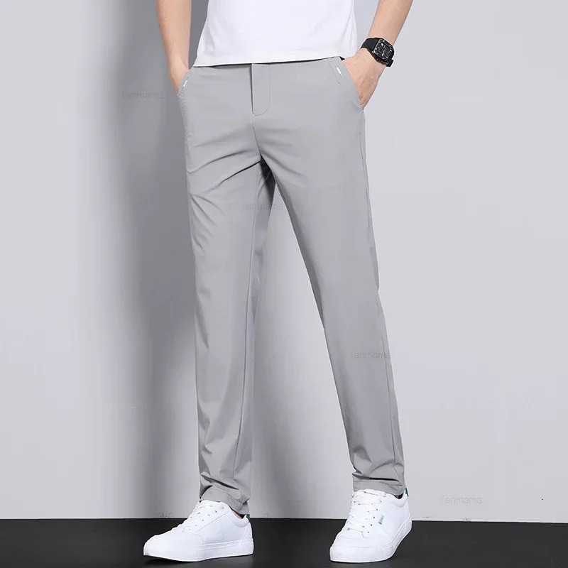 Ultra-thin Elastic Mens Casual Trousers Summer Quick-drying Ice Silk Slim Straight Business Solid Color Trousers Black Gray 260304