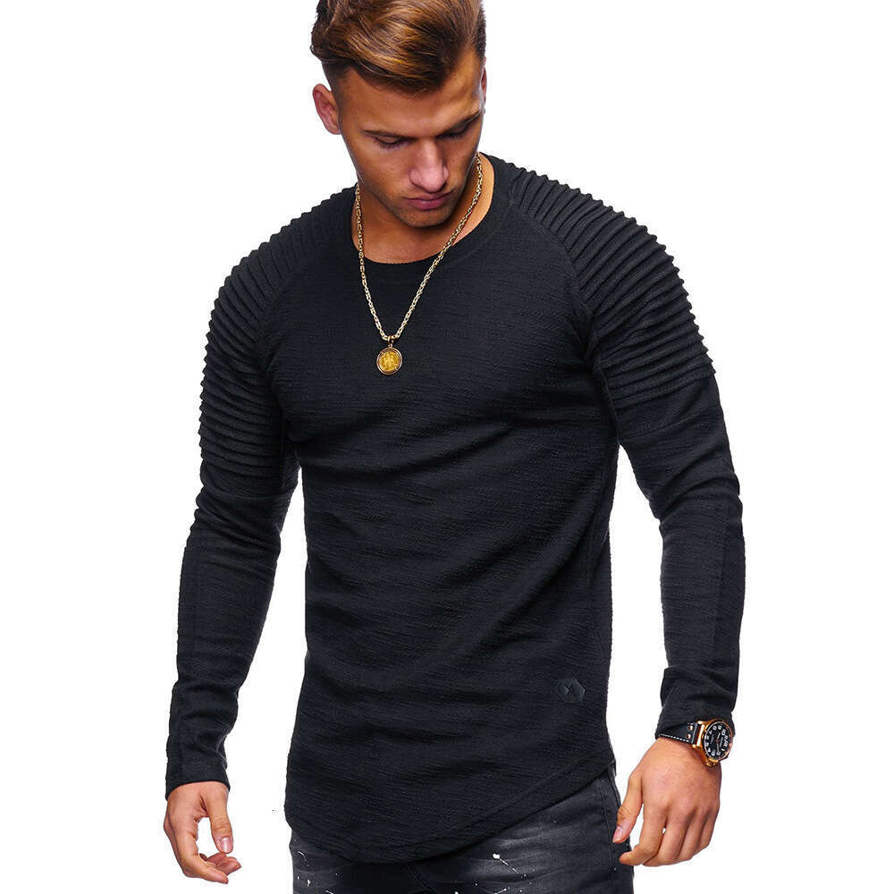 New Slim Fit Round Neck Long Sleeve with Arm Zipper, Unique European and American Style Casual Base Shirt T-Shirt for Men