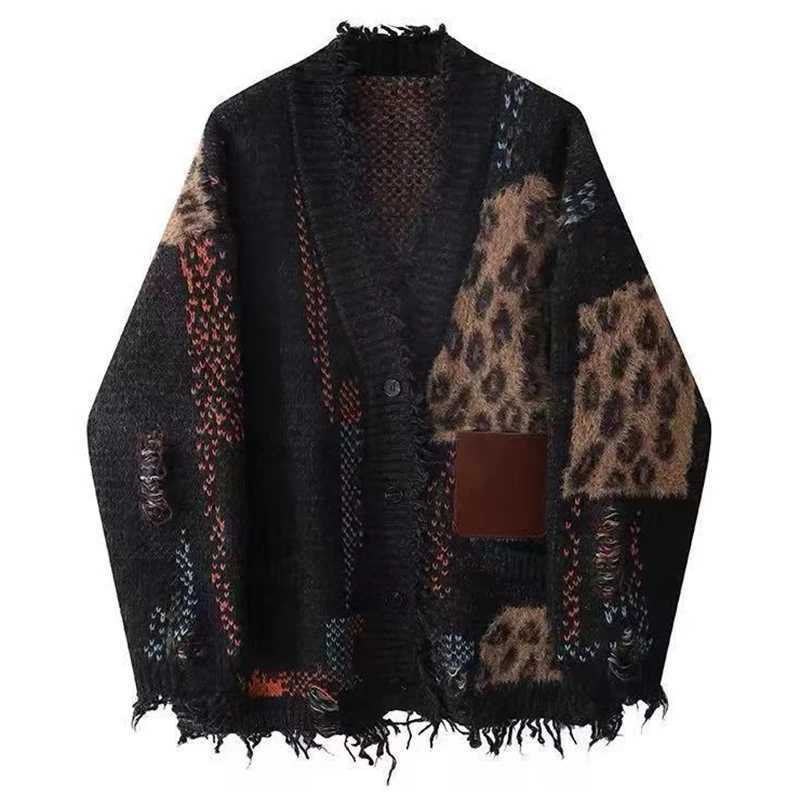 Y2k Womens Spliced Vintage Leopard Loose Long Sleeves Knitted Cardigan Winter Fashion V-neck Men Long Sweater Clothing Female M260306
