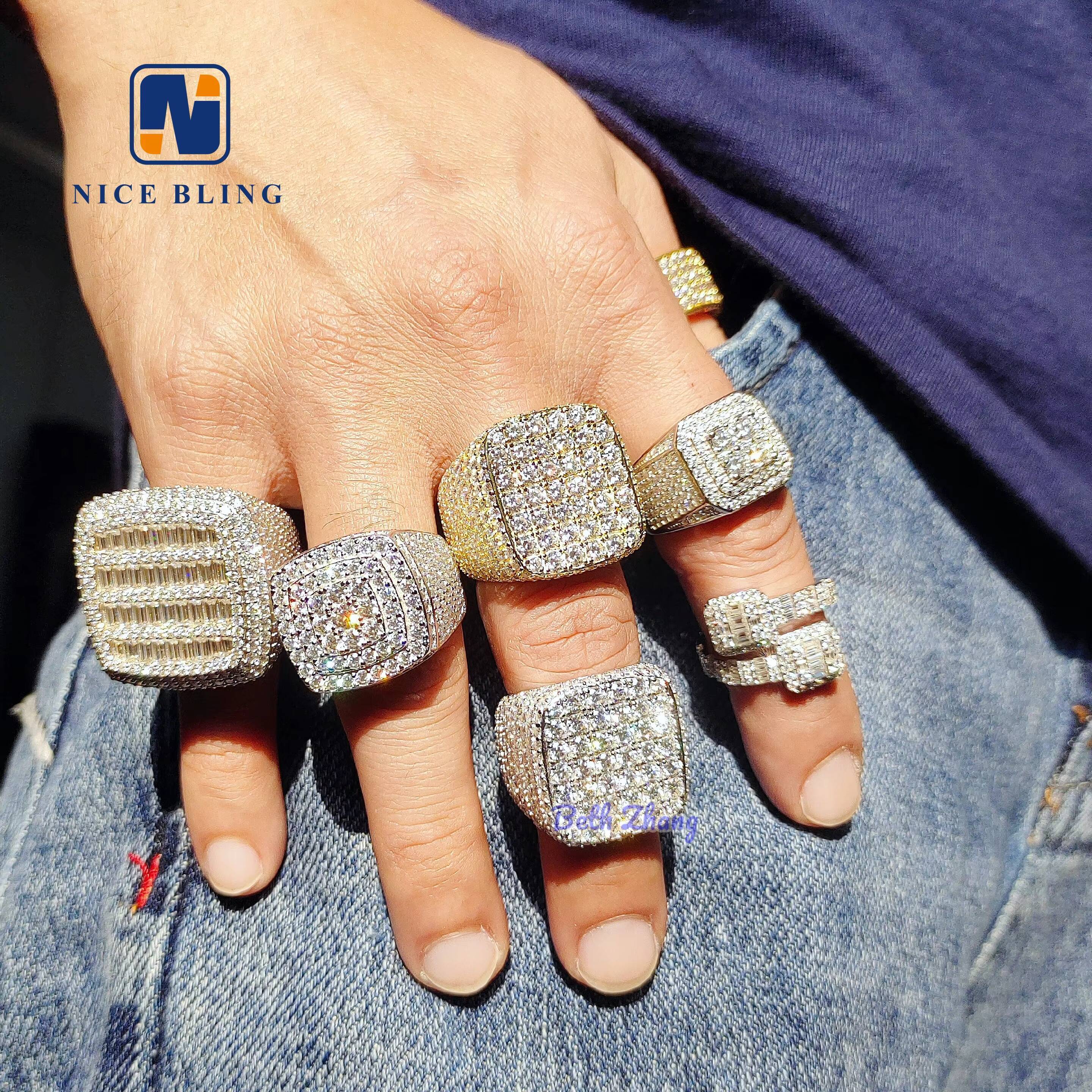 New Arrival Hip Hop Rings Vvs Moissanite Men Iced Out Rings 925 Silver square Shape baguette Diamond Engagement Fashion Rings