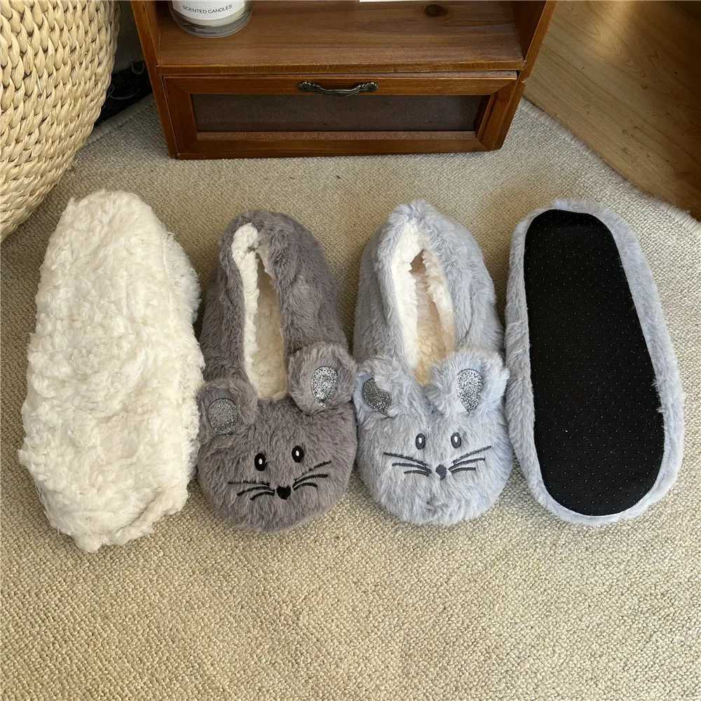 House Slipper Women Winter Non Slip Grip Indoor Fur Contton Warm Plush Home Fluffy Lazy Female Mouse Ears Embroidery Fuzzy Shoe S260305