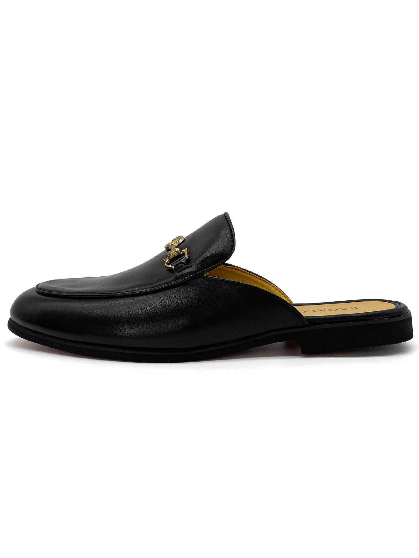 Men's Black Leather Mules Gold Decorative Metal Buckle Backless Loafers Flat Slip-on Slides Casual Office Daily Wear Mules