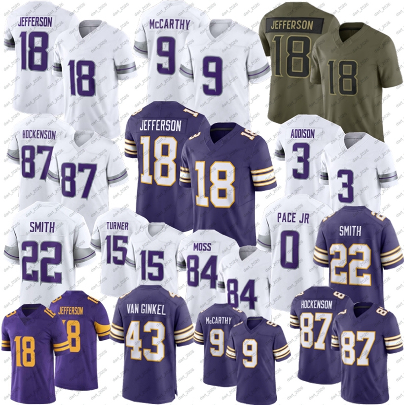 Minnesotas City VikingsS Jersey Justin Jefferson Football Jersey Turner J.J. McCarthy Jones Hockenson Addison Randy Moss Harrison Smith Van Ginkel Carter