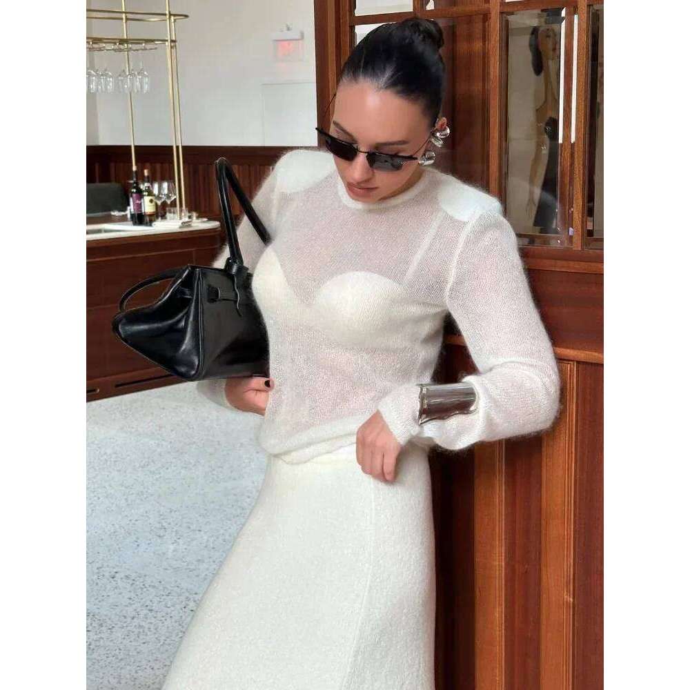 Women Solid See Through Knitted Pullover Sexy Round Neck Full Sleeve Slim Fit Thin Sweater Female High Street New Knitwears Mdng260306