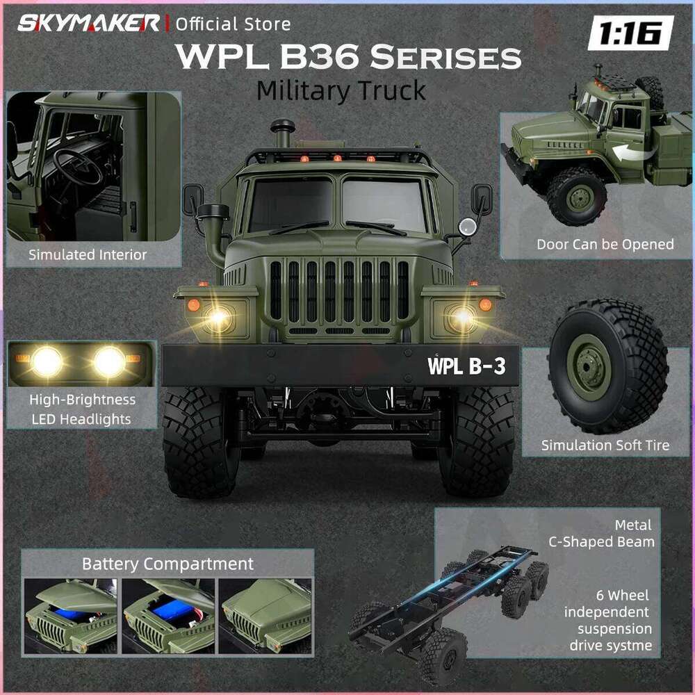 WPL B36 B36-2 B36-3 6WD Car 1:16 Full Scale Military Transport Vehicle Model Six Wheel Drive Climbing Off-Road RC Truck Toys C260305