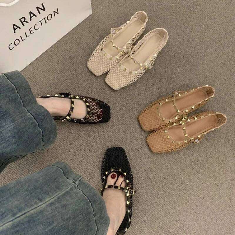Summer Rhinestone Mesh Hollow Sandals Women Flats Shallow 2025 New Mary Jane Comfort Luxury Female Flat Shoes