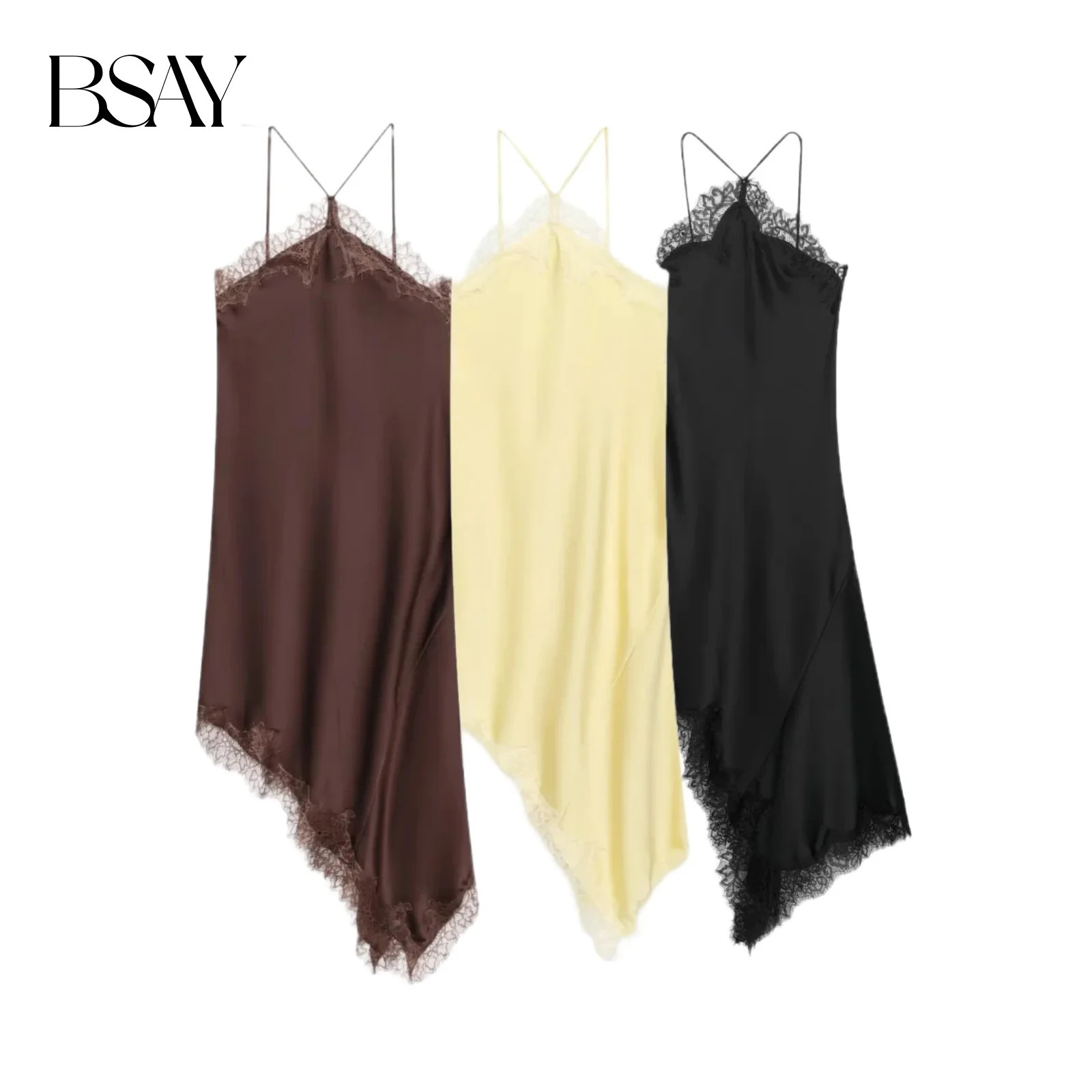 BSAY Summer Product Womens Lace Decorative Satin Texture Strap Sexy Dress with Hanging Neck and Asymmetric Bottom 260306