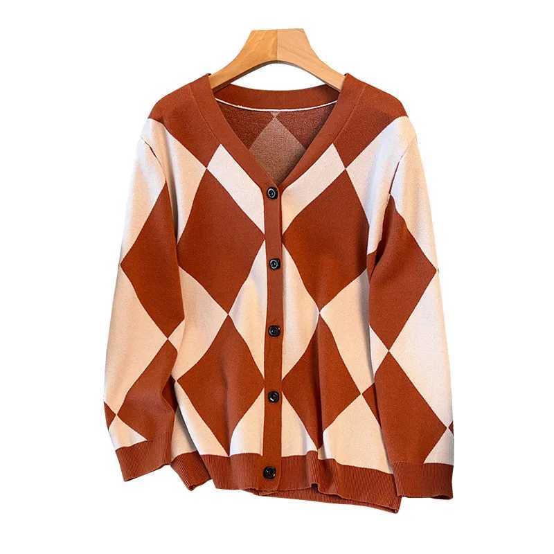 170Kg Plus Size Womens Bust 160 Autumn Loose V-Neck Grid Cardigan Sweater Knitted Jacket 4XL 5XL 6XL 7XL 8XL 9XL M260306