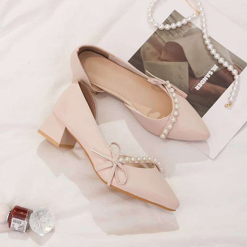 Women's Elegant Pointed Toe Pumps Pearl Bowknot Design Low Chunky Heels Comfortable Cutout Dress Shoes for Wedding Party Office