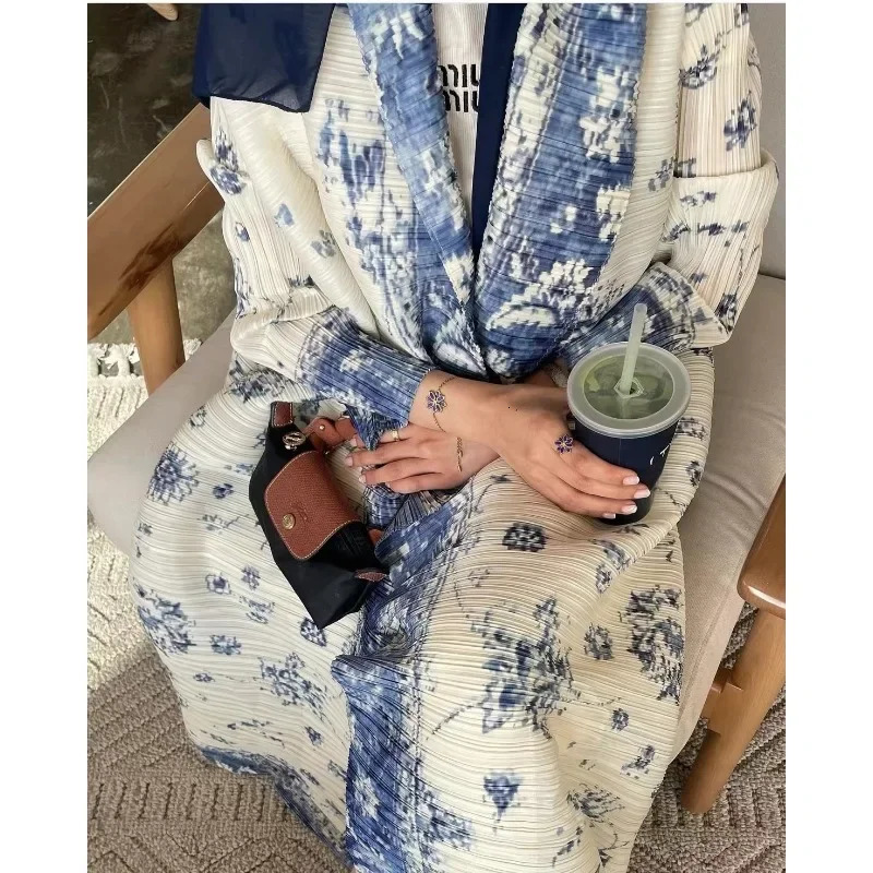 Fashion Saudi Womens Long Gown White Premium Printed Temperament Elegant Pleated Abaya Casual Peplum Holiday Dress Jacket 260228