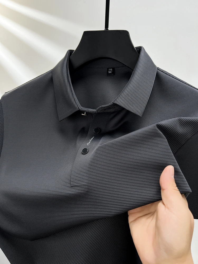 Summer Short sleeved High end Textured Letter Mens POLO Shirt Comfortable Silk Ice Feel Casual Business lapel T-shirt 260304