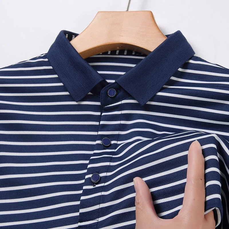 Mens Striped Cotton Business Casual Short Sleeved POLO Shirt Fashion Short Sleeved Comfortable and Breathable Top 260304