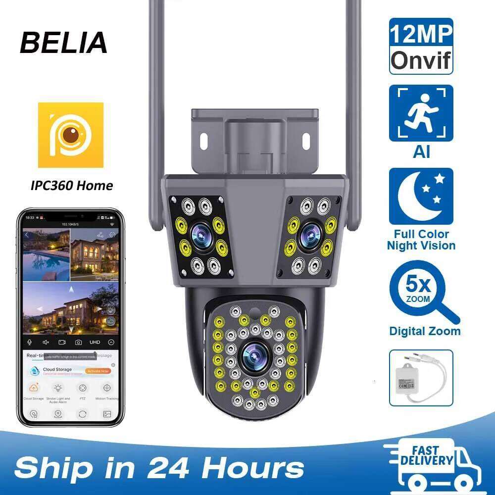 Outdoor External 6K 12MP FHD IP 3 Lens 3Screens WiFi 4K Dual Screen Auto Tracking Security PTZ Camera IPC360 26W0306
