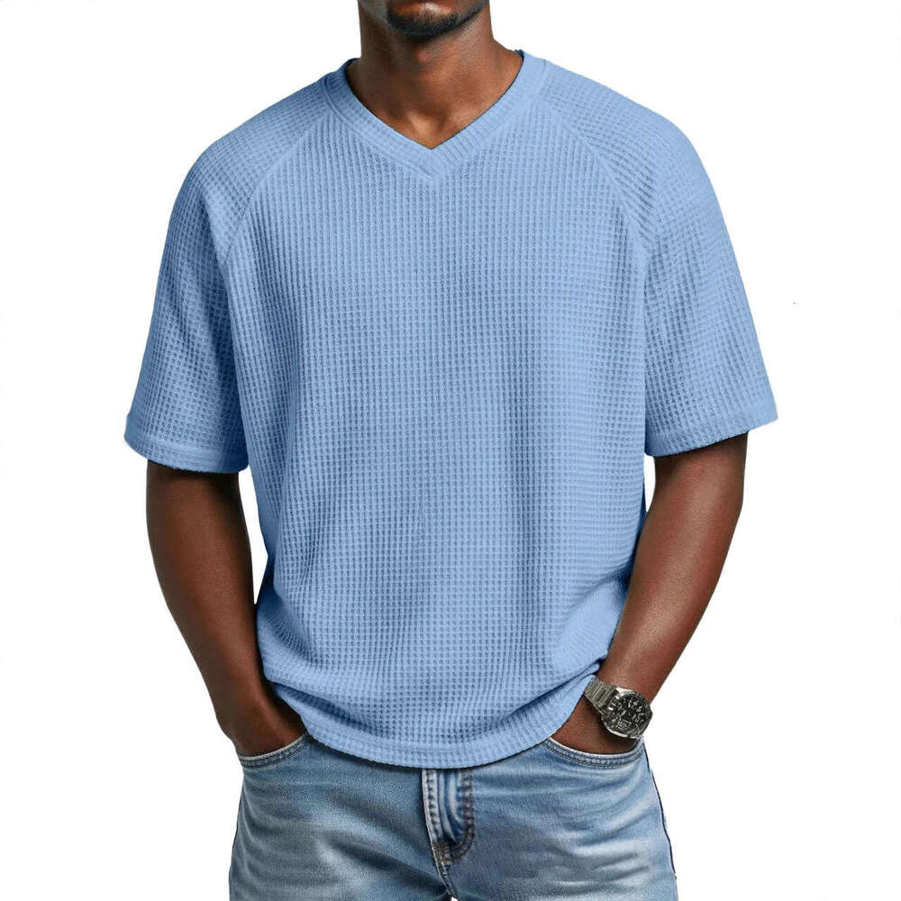 2026 European and American Spring Summer Cross-Border Independent Station Fashion Waffle Knit Raglan V-Neck Short Sleeve Men's T-Shirt