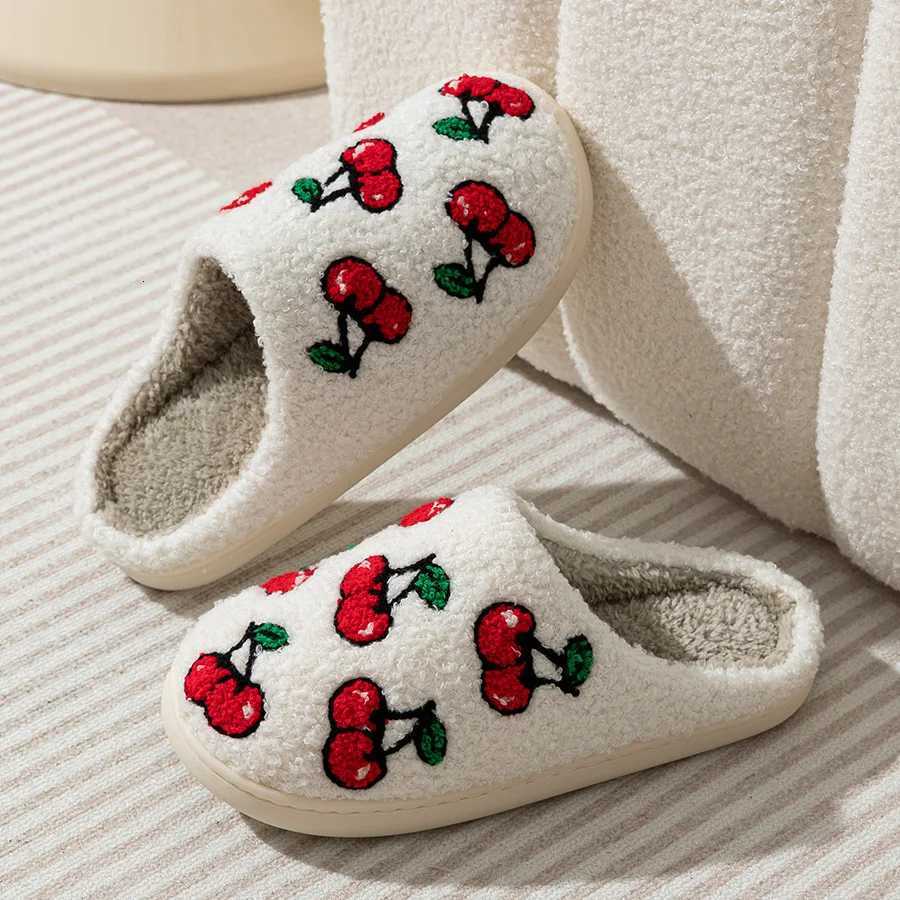 Cherry Fruit Embroidered Pattern Winter Plush Slippers Classic Soft Sole Indoor Casual Women Bedroom Cute Home Warm Comfy Shoes S260305