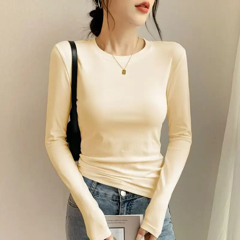 Cotton Autumn Sexy 2025 Womens T Shirt O Crew Neck Skinny Slim Basic Solid Long Sleeve Polo TShirt Casual Top Tee for Women 260228