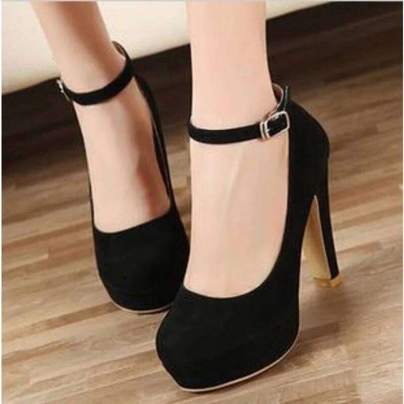 Large Size 42 Sexy Super High Heels for Women Ankle Buckle Chunky Platform Pumps Woman Black Flock Square Heel Party Shoes