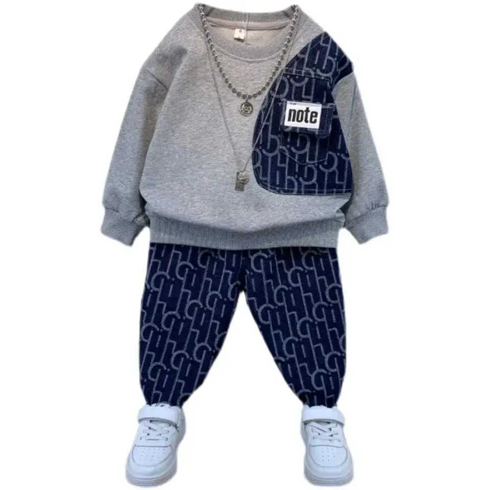Kids Tracksuits 2Pcs, Boys Denim Patchwork Note Pocket Sweater & Pants Set, Spring Autumn Casual OutfitsT260306