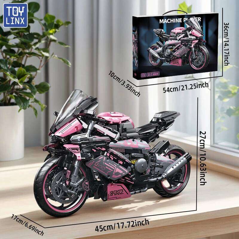 Cyberpunk Pink Motorcycle Desktop Decorations 2045PCS Racing Building Block Model Kid Toys Christmas Easter Festive Gift Giving Z260305