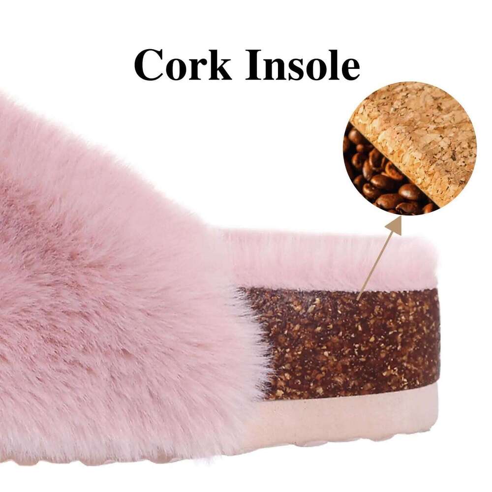 Litfun Winter Women's Fluffy Cork Comfy Arch Support Fuzzy Slippers Open Toe Plush House Slides With Adjustable Buckle