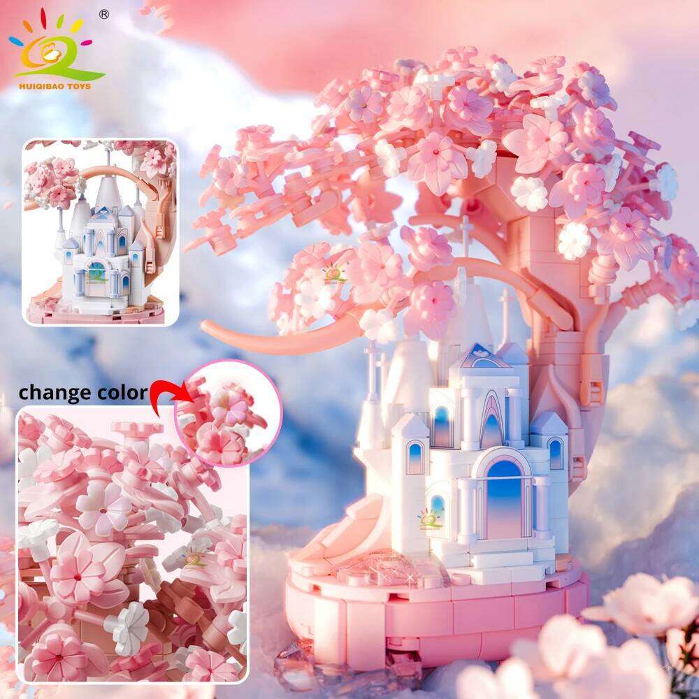 HUIQIBAO DIY Discoloration Cherry Blossom MOC Flower Pink Tree House Building Blocks Classic Model Bricks Sets Kid Romantic Gift Z260306