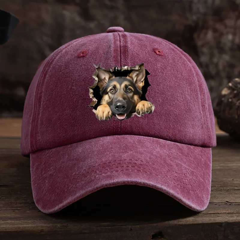 Broken hole wolf dog print baseball cap mens outdoor duckbill cap curved brim washed retro sun hat S260306