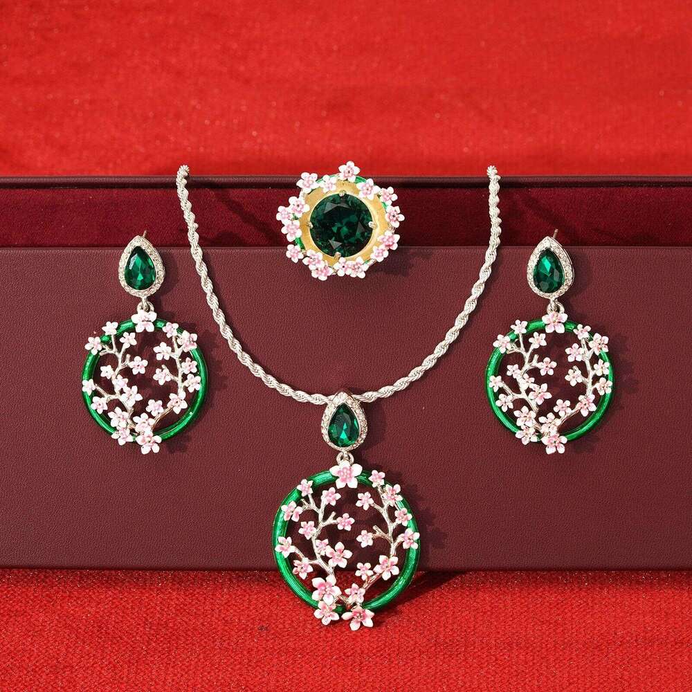 Vintage Enamel Plum Blossom Jewelry Set Open Ring Silver Stud Earrings Light Luxury Simple Choker Necklace Accessories High-Quality