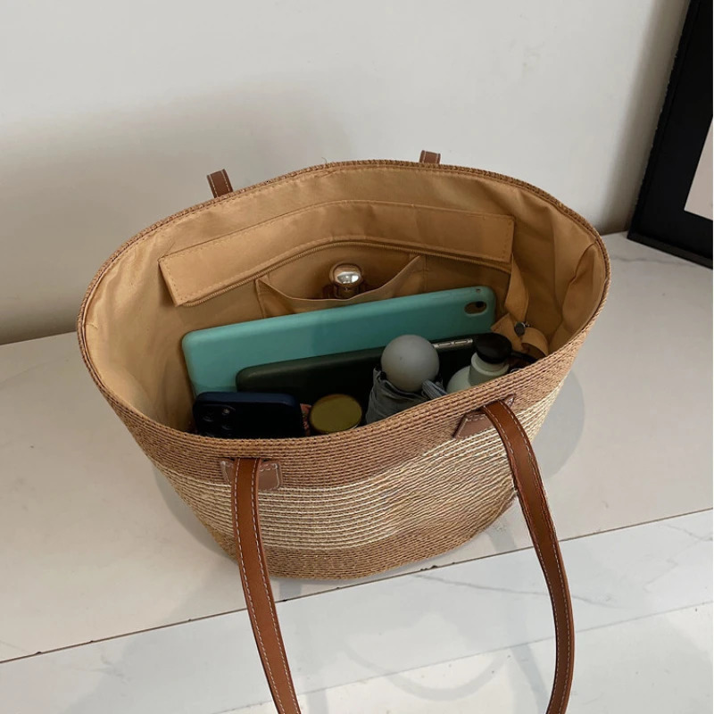 Womens Large Capacity Shoulder Bag Summer Straw Woven Basket Handbag Fashion Female Beach Bag Bali Shopper Tote 260303
