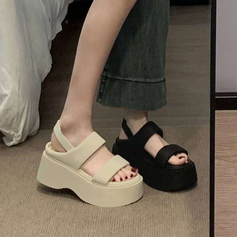 Summer 2025 Chunky Sandals Women's Wedge Slides 8CM High Heels Leather Casual Woman Beach Thick Bottom Flip Flops