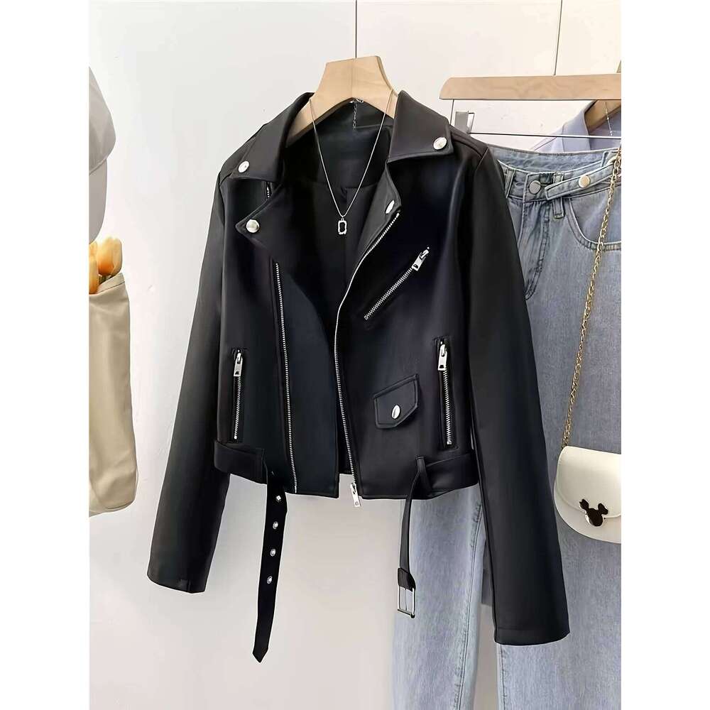 Spring and Autumn Women's Short American Retro Pu Motorcycle Leather Slim Jacket