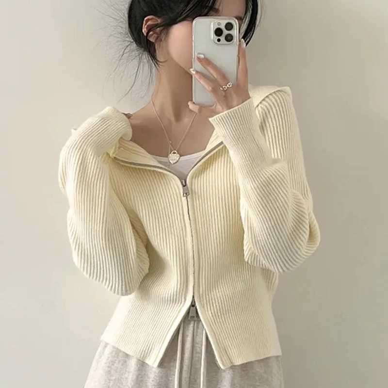 Hooded Knit Cardigan for Women Long Sleeve Fuzzy Zip Up Knit Crop Sweater Jacket Fall Winter Teen-girl Y2K Acubi Outfit M260306