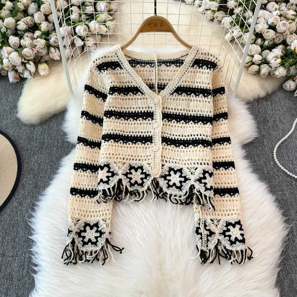 Embroidery Floral Crochet Knit Top with Tassel Long Sleeve Button-down Open-knit Cardigan Sweater Women Teen-girl Cute Outfit M260306