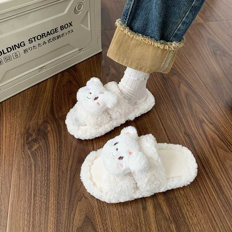 Bear Fur Slippers for Women Wearing Thick-soled Cotton Slippers for Women Working At Home Autumn and Winter Cute S260305