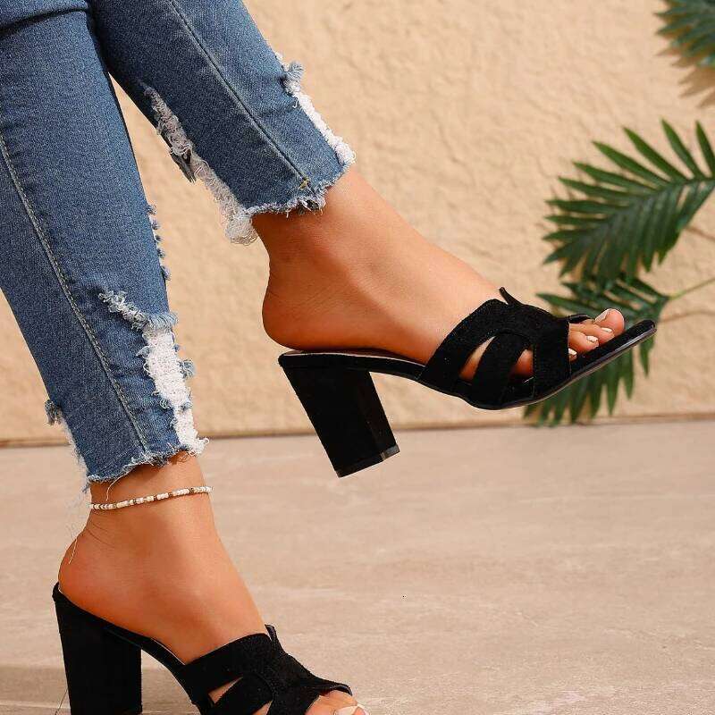 2025 New Fashionable Women's Thick Sandals Comfortable Square Heel Bare Toe Non slip Slippers Black Casual High Heels