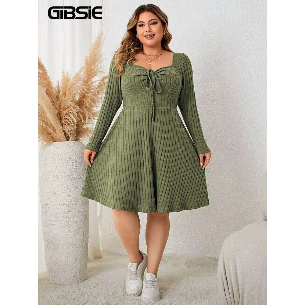 GIBSIE Plus Size Sweettheart Neck Knot Front A-Line Dress Women Fall New Vintage Long Sleeve Ribbed Knit Casual Winter Dresses
