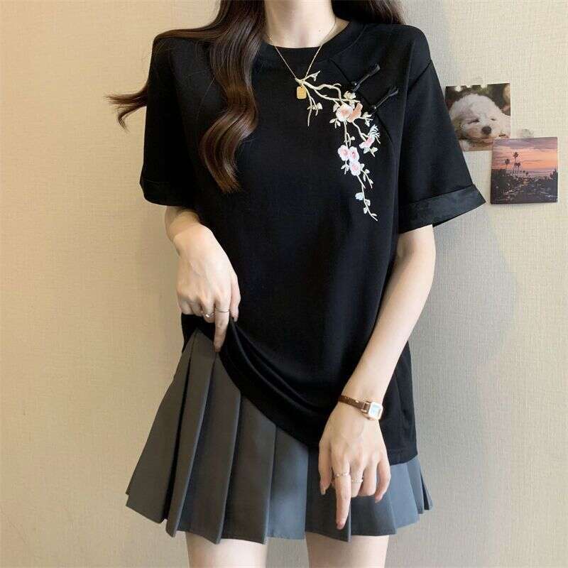Women Summer Chinese Style Graceful Embroidery Floral Black T Shirts 2025 New Lady Casual Loose Short Sleeve Retro Tops Female