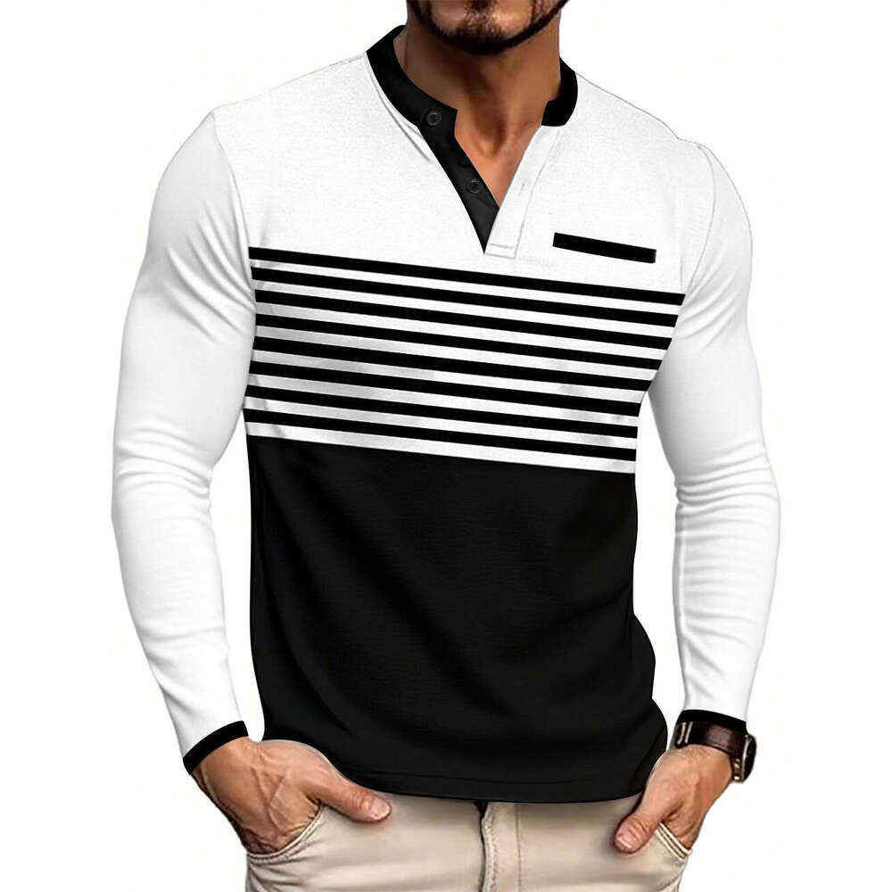 2026 Cross-Border Foreign Trade European and American Summer New Men's Long-Sleeve V-Neck Contrast Color Striped Slim Fit Business Casual T-Shirt