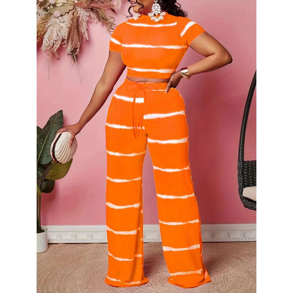 2026 New Summer Women's Elegant Striped Two Piece Set Short Sleeve Tie Waist Top Straight Casual Outfits T-Shirt And Printed Long Pants
