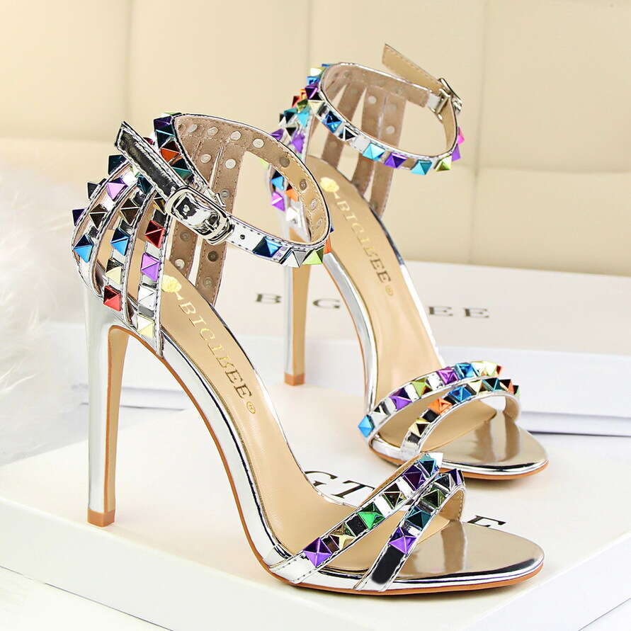 European And American Roman Style Women S Shoes Thin Super High Heel Open Toe One Strap Hollow Colorful Rivet Sandals